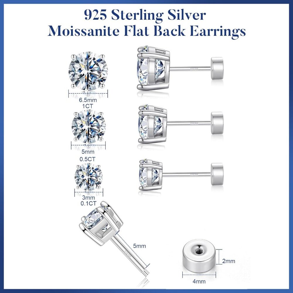 Moissanite Earrings 2ct Flat Back Stud Sterling S… - image 6